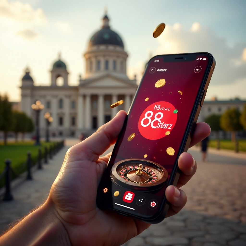 A premium smartphone held in a hand featuring the 888starz app, with the Palace of Culture and Science in Warsaw in the background, official red and white brand colors, 3D flying golden coins and roulette elements, cinematic lighting, 8k.